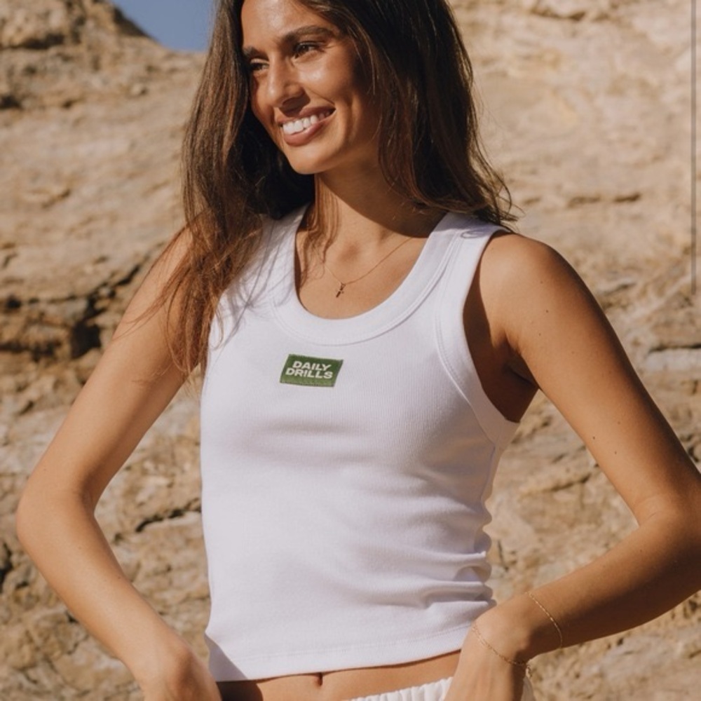 Daily Drills White Tank Top with Green Logo
